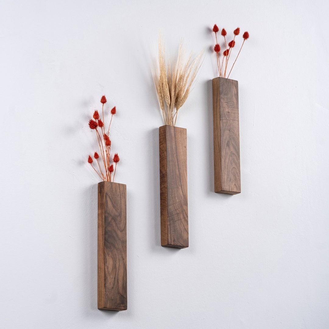 Wood Wall Pocket, Wooden Wall Vase, Faux Walnut Flower Holder, Walnut