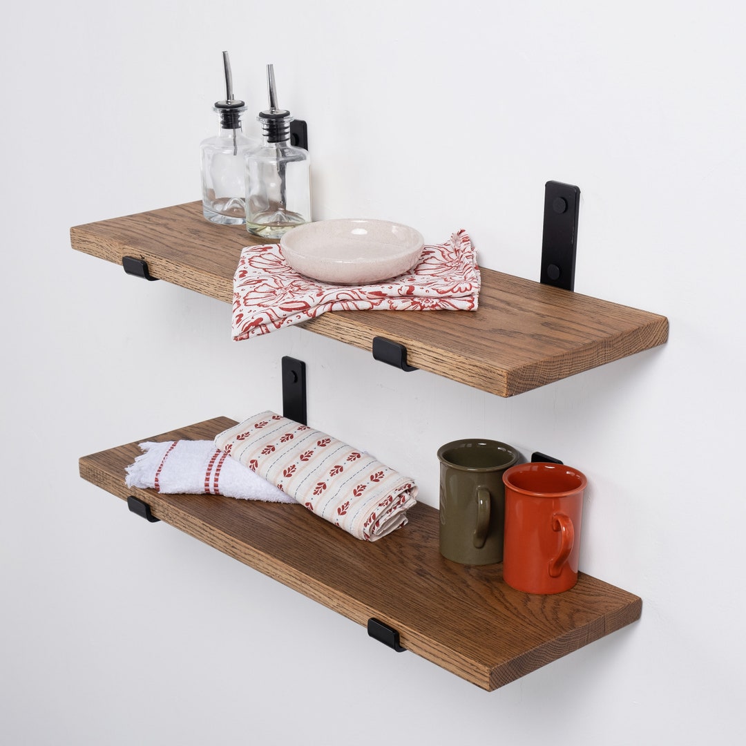 Modern White Oak Shelves With Brackets , Unique American Walnut Shelves , Natural Wood Kitchen