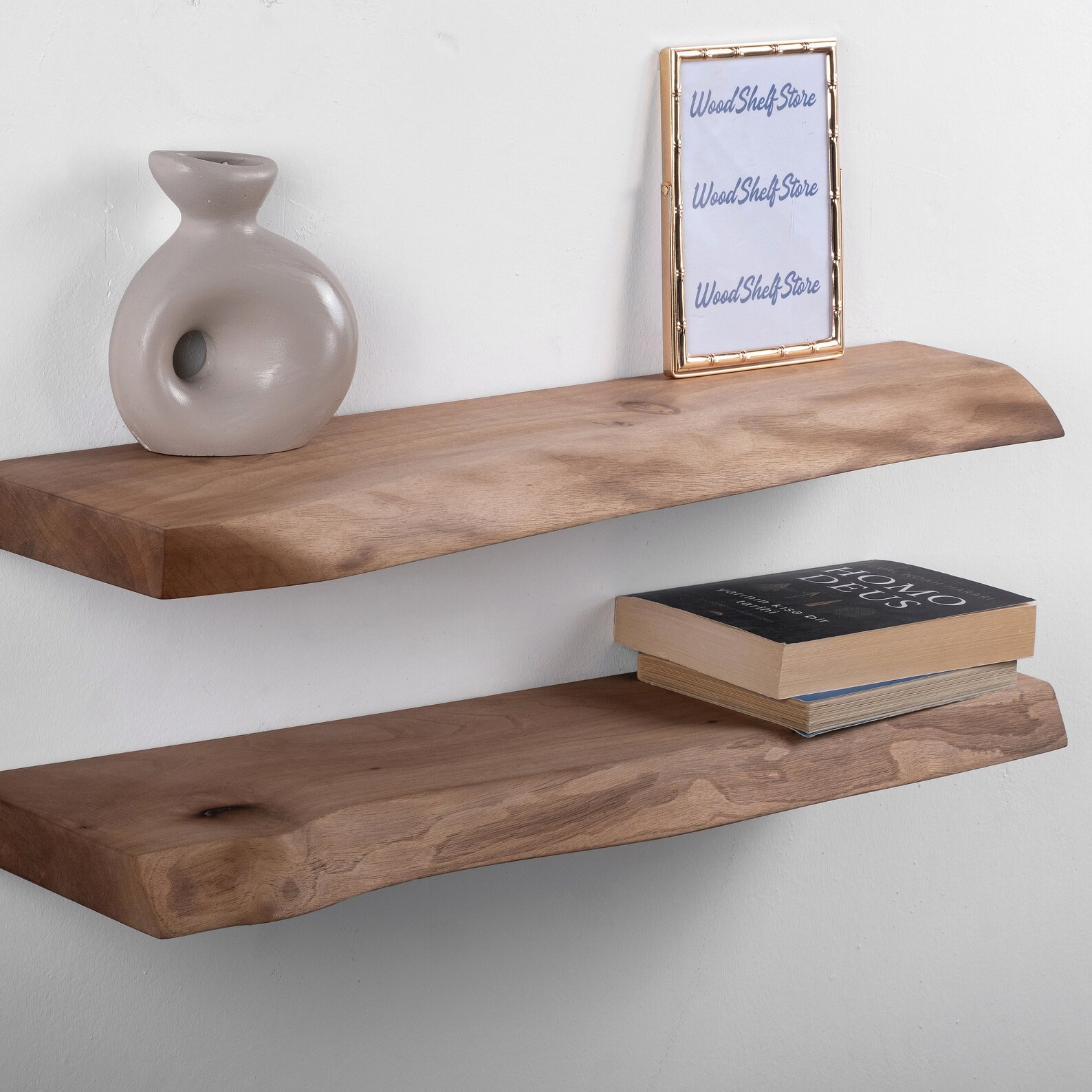 Live Edge Walnut Floating Shelves, Reclaimed Industrial Wooden Floating