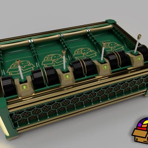 May include: A green and gold box with a honeycomb pattern on the front. The box has four spinning wheels with small green turtles on them. Each wheel has a small gold lever.