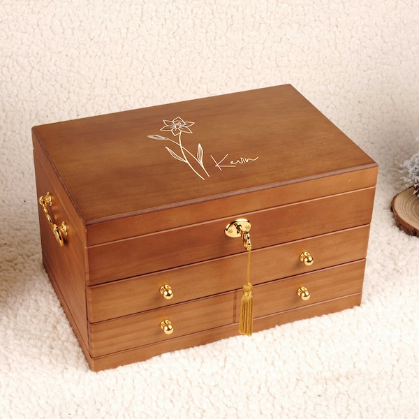 Custom Engraved Wooden Jewelry Box with Drawers Jewelry Organizer with Ring Cushions Wedding Gift Gifts for Her Women's Jewelry Collection