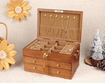 Boîte à bijoux vintage en bois avec tiroirs, 3 tiroirs, organiseur de bijoux multiples Boîte à bijoux en bois personnalisée, grand organisateur de bijoux, cadeau pour maman