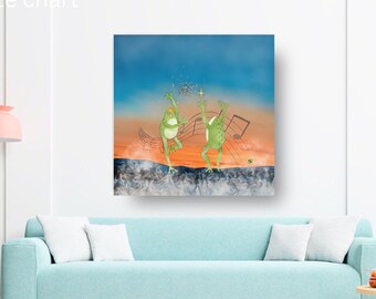 FROG PRINCE on Party, True LOVE Canvas Art, Fairy Tale Wall Decor, Dancing in the Moonlight, Princess Happy Family Art, Enchanted Night