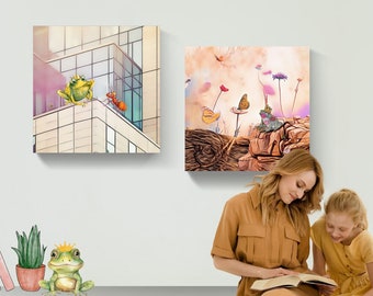 FROG PRINCE meets Queen Ant, True LOVE Canvas Art, Fairy Tale Wall Decor, , Princess Happy Family Art, Breakfast Brake at The Office