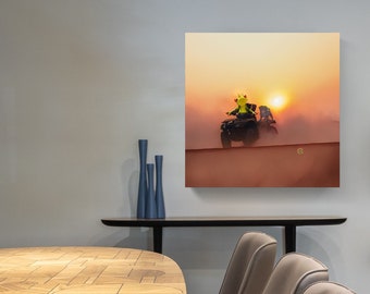 FROG PRINCE on 4WD in Desert, Fairy Tale Art Canvas Print, Quest for True LOVE, Adventures by Photo & Digital Art, French Bulldog in Sunset