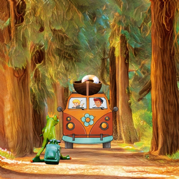 FROG PRINCE gets a Lift in Old Volkswagen Bus, True LOVE Canvas Art, Fairy Tale Wall Decor, Meets New Friends, Princess Happy Family Art
