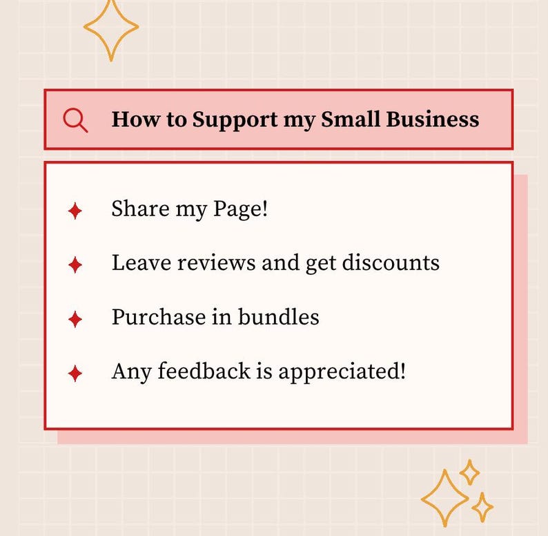 May include: A digital graphic with the text "How to Support my Small Business". The text includes "Share my Page!", "Leave reviews and get discounts", "Purchase in bundles", and "Any feedback is appreciated!" on a pink background.