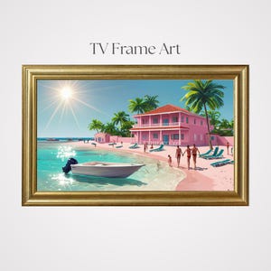 Puede incluir: Una impresión artística enmarcada con una escena de playa tropical. La obra presenta un edificio rosa, palmeras, un barco y personas en una playa de arena. El cielo es azul con un sol brillante. El marco es dorado y el texto "TV Frame Art" está en la parte superior.