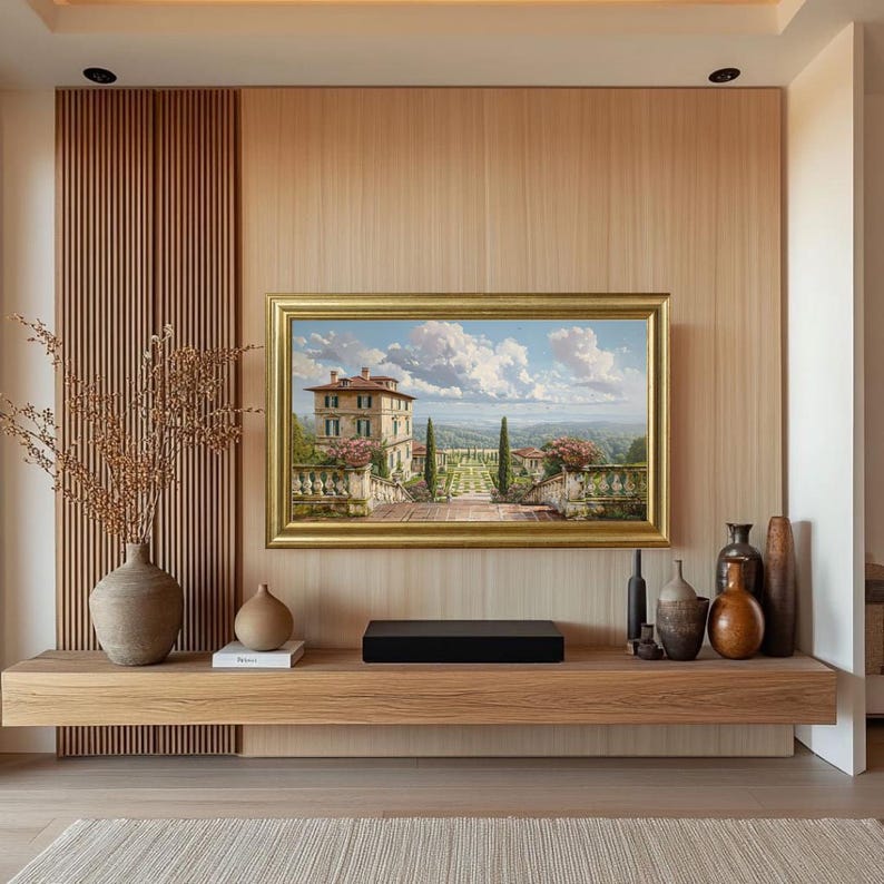 May include: A framed landscape painting with a gold frame hangs on a light wood paneled wall. A wooden shelf below holds decorative vases, a black soundbar, and a small book. A large vase with dried branches sits to the left.