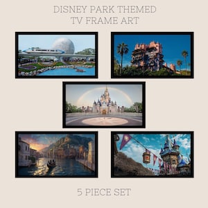 TV Rahmen Kunst, Disney Park inspiriert, Band 1, Landschaft Kunst Bundle, TV Kunst Dekor, 5-teiliges Kunstset, Hauswanddekor