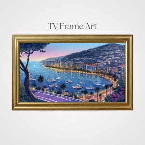 Puede incluir: Una impresión artística enmarcada titulada "TV Frame Art" representa una escena costera con una bahía llena de barcos, palmeras y edificios a lo largo de la costa. La obra de arte está encerrada en un marco dorado, creando una pieza decorativa.