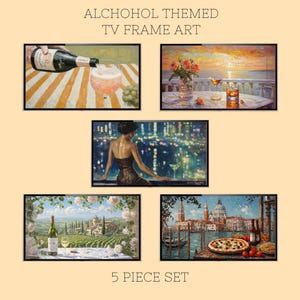 Könnte beinhalten: Ein fünfteiliges Set gerahmter Kunstdrucke mit Alkohol-Thema. Die Drucke zeigen Szenen mit Champagner, Cocktails, einer Frau mit Martini, einem Weinberg und einer Pizza mit Wein. Der Text "ALCHOHOL THEMED TV FRAME ART" und "5 PIECE SET" sind sichtbar.