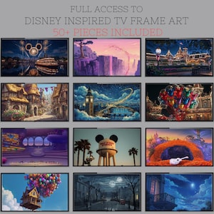 May include: A collection of Disney-inspired TV frame art prints. The images showcase various scenes, including fireworks, landscapes, and architectural designs. The text at the top reads "FULL ACCESS TO DISNEY INSPIRED TV FRAME ART" and "50+ PIECES INCLUDED."