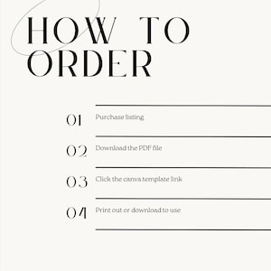 May include: A cream-colored graphic with the text "HOW TO ORDER" in a bold, elegant font. Below, numbered steps detail the ordering process: purchase listing, download PDF, click template link, and print or download.
