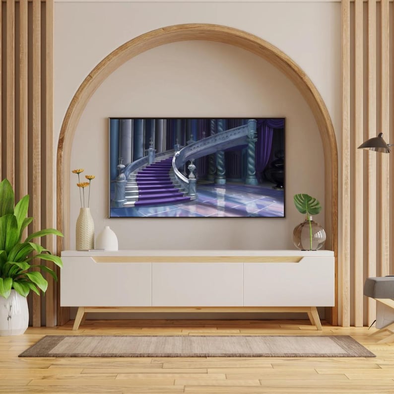May include: A modern living room setup featuring a white TV stand with wooden legs, a large flat-screen TV displaying a fantasy scene with a purple staircase, and decorative vases. The room has wooden accents and a neutral color palette.