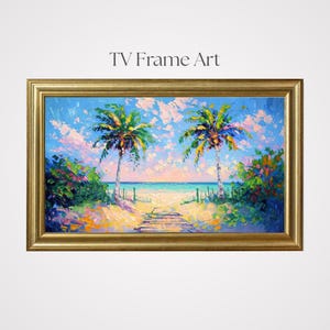 Puede incluir: Pintura enmarcada de una escena de playa con dos palmeras, una pasarela de madera y un mar turquesa bajo un cielo azul con nubes esponjosas. El marco es dorado y el texto "TV Frame Art" está en la parte superior.