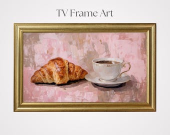 Food Samsung Frame TV Art: Croissant and Coffee Retro Kitchen Decor (Digital Download)