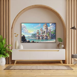 May include: A white TV stand with wooden legs and a light wood trim, holding a flat-screen TV displaying a fantasy castle scene. The room features wooden accents, a rug, and decorative plants in vases.
