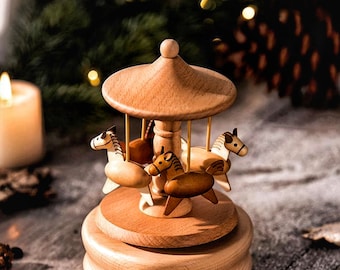 Wooden carousel music box, Christmas music box, personalized music box, statue souvenir gift, baby shower gift, children's birthday gift