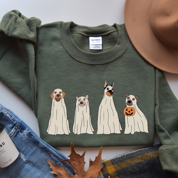 Halloween Сute Ghost Dog Pumpkin Sweatshirt, Retro Ghost Dog Spooky Vibes Shirt, Halloween Dog Sweater, 2023 Happy Halloween, Dog Lovers Tee