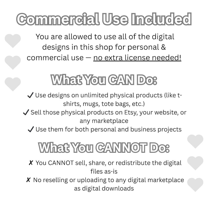 May include: A white graphic with the text "Commercial Use Included" and details on permitted uses of digital designs, including physical products and business projects. It also lists prohibited actions like reselling digital files.
