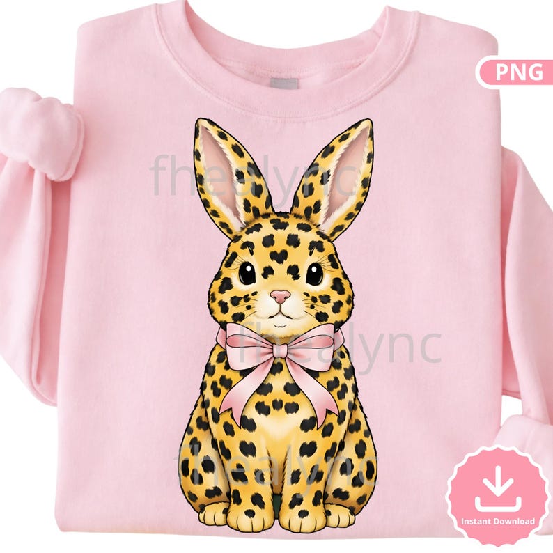 May include: Pink sweatshirt featuring a leopard print bunny with a pink bow tie. The bunny has black spots and large ears. The sweatshirt has long sleeves and a crew neck. The image has a PNG watermark in the upper right corner.