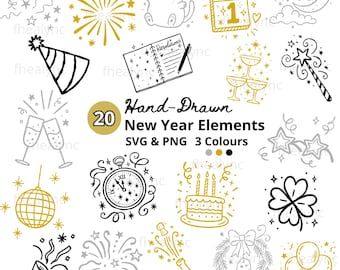 Paquete de imágenes SVG dibujadas a mano para Año Nuevo, imágenes prediseñadas festivas para fiestas (descarga digital)