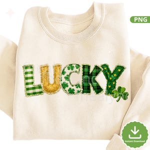 PNG del Día de San Patricio, Letras de trébol con patchwork, Texto de tela de trébol, Diseño de camiseta de San Patricio, PNG de sublimación (Descarga digital)