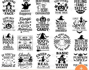 Paquete de archivos SVG con frases de Halloween y diseños de camisetas espeluznantes (descarga digital)