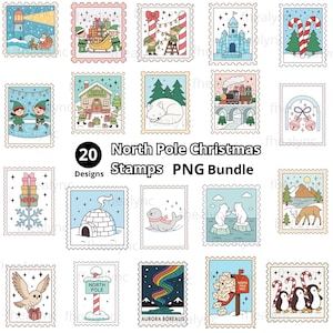 May include: A collection of 20 North Pole Christmas stamps in a PNG bundle. The stamps feature various winter and holiday scenes, including elves, a lighthouse, a castle, and penguins. The text "North Pole Christmas Stamps PNG Bundle" is displayed.