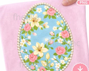 Floral Easter Egg PNG, Vintage Spring Flower Egg Clipart, Pearl Border Easter Sublimation Design (Digital Download)