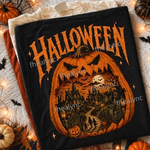 Op de afbeelding: Een zwart t-shirt met het woord HALLOWEEN in grote oranje letters boven een grote uitgesneden pompoen. In de pompoen staat een gedetailleerde illustratie van een spookhuis, een pad, bomen, vleermuizen, een volle maan en wandelende figuren.