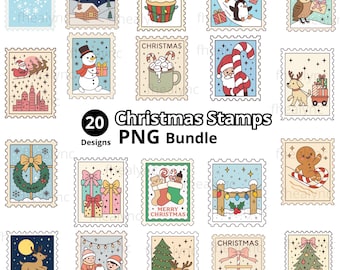 Christmas Stamps PNG Bundle, 20 Holiday Clipart, Retro Xmas Stamps (Digital Download)