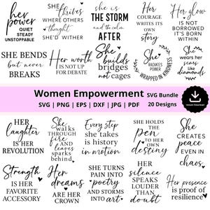 Puede incluir: Un paquete de descarga digital de 20 diseños SVG de empoderamiento femenino. El texto negro incluye citas inspiradoras como "Her power", "She thrives" y "She builds bridges". El paquete incluye formatos SVG, PNG, EPS, DXF, JPG y PDF.