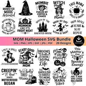 May include: A digital SVG bundle featuring 20 Halloween designs. The collection includes witch hats, pumpkins, and spooky phrases. Ideal for crafting projects, the designs are available in various formats.