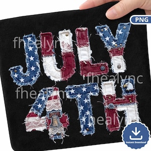 May include: Black background with the words "JULY 4TH" in a patchwork style. The letters are in red, white, and blue denim and lace, with star and eagle accents. The image has a PNG watermark and a download icon.