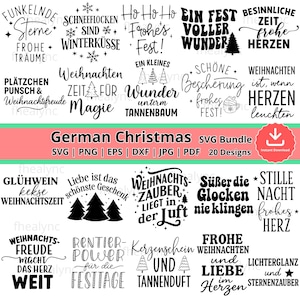 May include: A digital SVG bundle with 20 German Christmas designs. The image displays festive phrases and illustrations in black and white, including "Frohe Weihnachten" and Christmas trees, ideal for seasonal crafts.