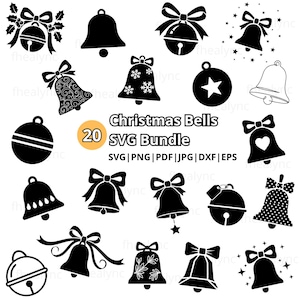 May include: A collection of 20 black and white Christmas bell designs in various styles, including bells with bows, snowflakes, and stars. The text "Christmas Bells SVG Bundle" is also present.