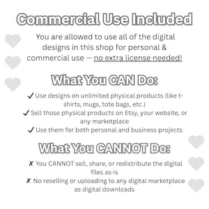 May include: A white graphic with the text "Commercial Use Included" and details on permitted and prohibited uses of digital designs. Includes information on personal and commercial use, and what you can and cannot do with the designs.