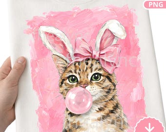 Easter Cat PNG, Bunny Ears Cat Bubble Gum Design, Pink Easter Kitten Sublimation, Cute Cat Easter (Digital Download)