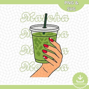 Iced Matcha Latte Clipart: Green Tea Lover SVG PNG (Digital Download)