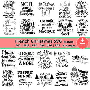 May include: A selection of French Christmas SVG designs in black. The designs feature festive phrases such as "Happy Christmas" and "Christmas Magic." The bundle includes various file formats for digital crafting projects. A pink banner reads "French Christmas SVG Bundle."