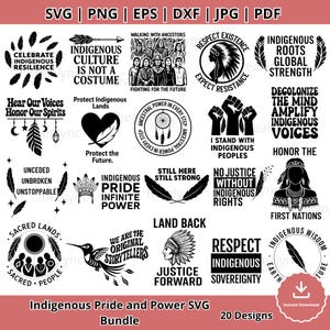 Può includere: Un pacchetto SVG digitale con 20 design a tema orgoglio e potere indigeno. La grafica in bianco e nero include frasi come "La cultura indigena non è un costume" e "Rispettare la sovranità indigena."