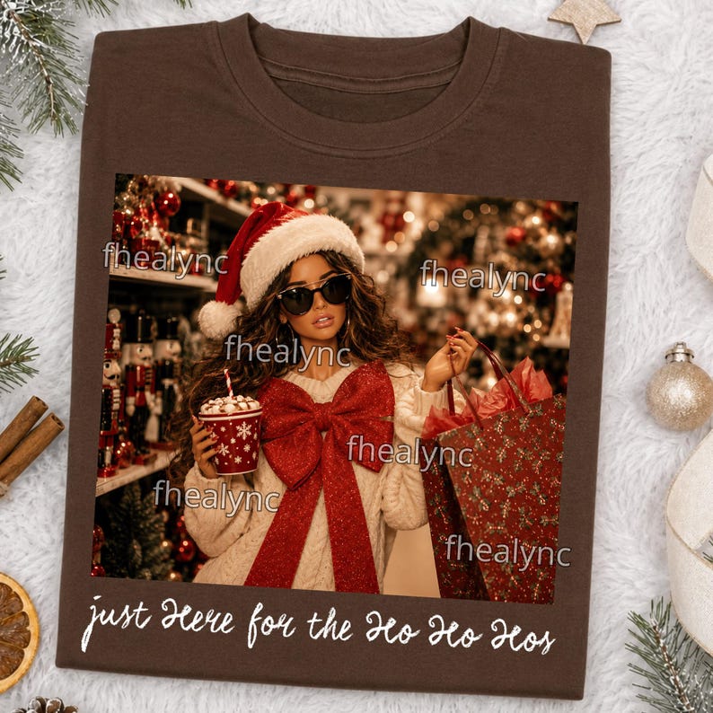 May include: A brown t-shirt featuring a graphic of a person wearing a Santa hat and sunglasses, holding a cup and a gift bag, with a large red bow on their sweater. The text "just here for the ho ho hos" is printed in white below the graphic.