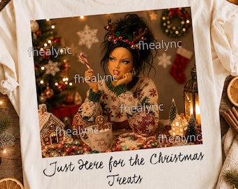 Funny Doll Face Christmas PNG, Just Here For Treats Shirt Design, Cute Sublimation Download, Holiday Humor Graphic, Sassy Digital Art