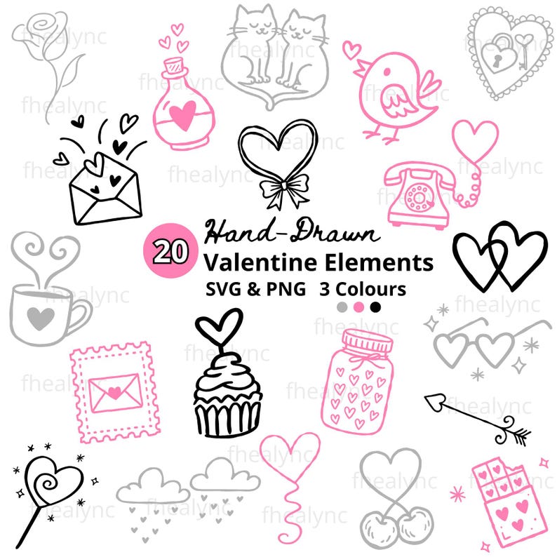 Hand Drawn Valentine Elements SVG PNG Bundle Cute Love Doodles Clipart ...
