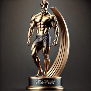 May include: A gold trophy of a muscular figure in shorts, standing on a base with the text "MEN'S PUSSILLE COMPETITION". The trophy features a curved, gold-coloured accent behind the figure.