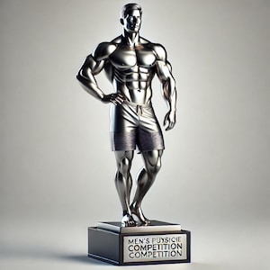 May include: A silver trophy of a muscular male figure in athletic shorts, standing with one hand on his hip. The trophy is on a black base with the text "MEN'S PUYSIQUE COMPETITION COMPETITION".