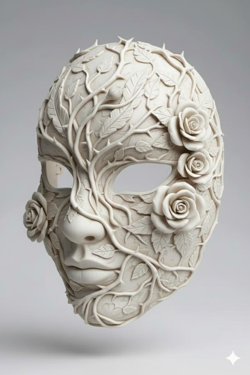 Maschera di rosa spinata, scultura botanica dettagliata per decorazioni cosplay, file STL 3D immagine 2