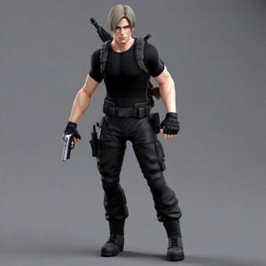 Peut inclure: Figurine détaillée d'un personnage en tenue tactique noire, tenant une arme de poing argentée. La figurine a les cheveux blonds courts et porte un t-shirt noir, un pantalon tactique, des gants et des bottes. Un fusil est attaché dans le dos.